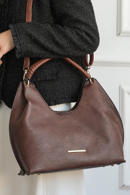 MKF Gara Shoulder Bag in dark brown leather, open top with gold bar front detail