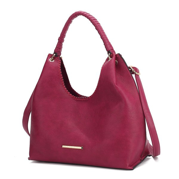 MKF Gara Shoulder Bag in fuchsia leather with braided handles and front gold bar