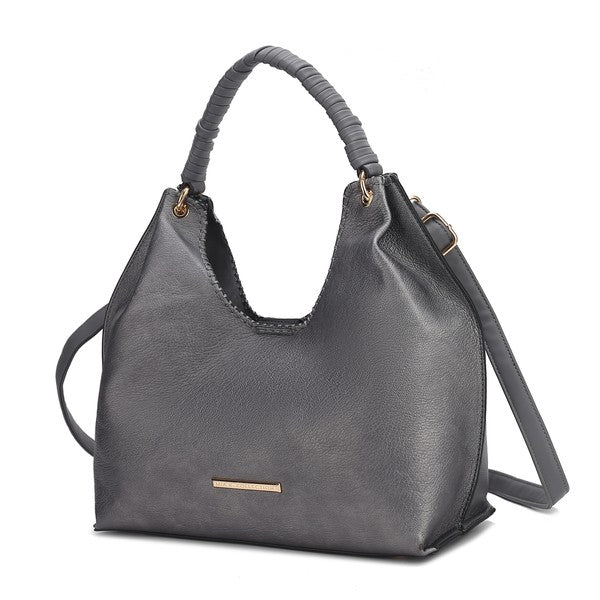 MKF Gara Shoulder Bag in gray-pewter leather with top handles and front gold bar