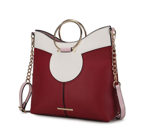 Kylie top handle satchel, deep red with pink accents, ring handle and chain strap