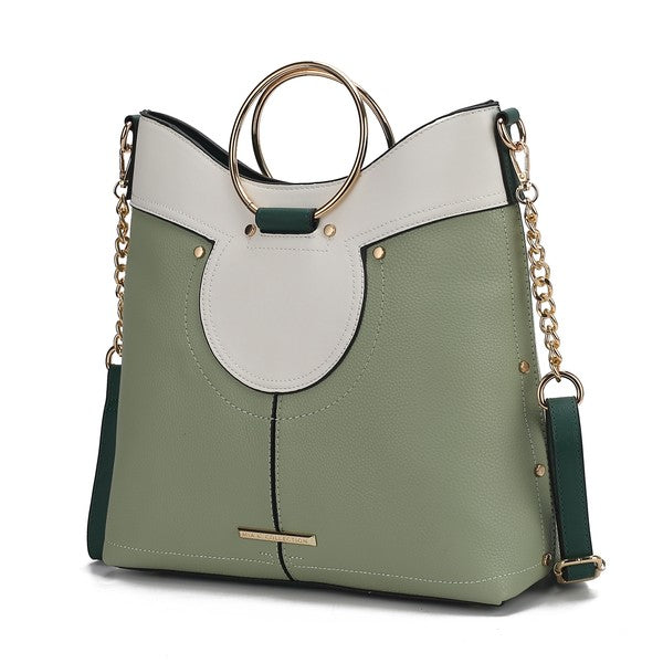 Green and white top handle satchel with oval front cutout and gold-tone chain strap.