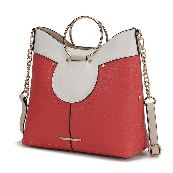 Kylie top handle satchel, red with white trim, ring handle and chain shoulder strap