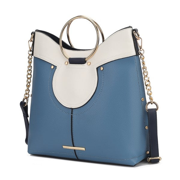Blue and white top handle satchel with oval front detail and gold-tone chain shoulder strap.