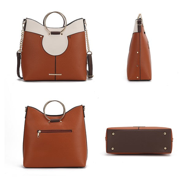 Kylie top handle satchel, tan/brown with white panel, ring handle and chain straps