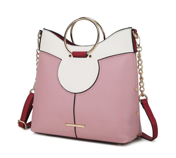 Blush pink and white top handle satchel with oval front detail and chain shoulder strap.