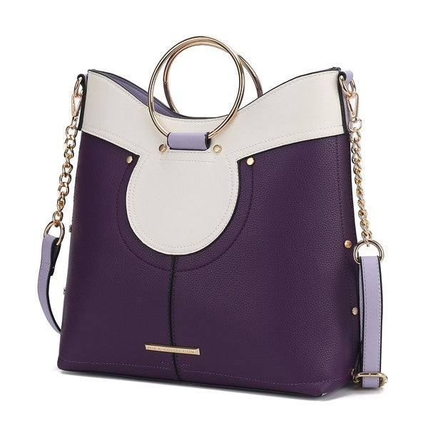 Kylie top handle satchel, purple with white front, ring handle and chain shoulder strap