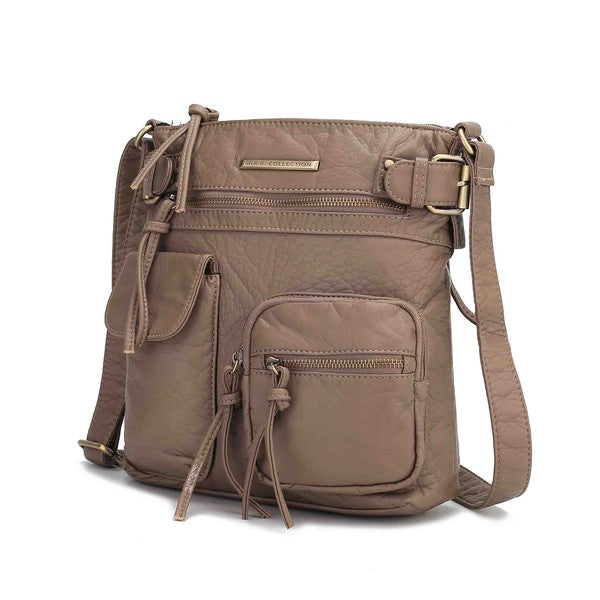 Taupe leather-look crossbody bag with front zip pocket and adjustable crossbody strap