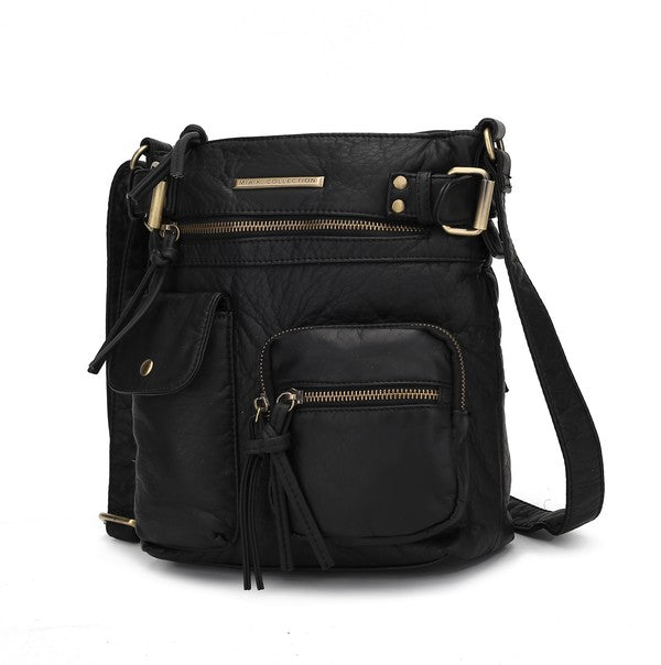 Black leather crossbody bag with front zip pouch and adjustable shoulder strap