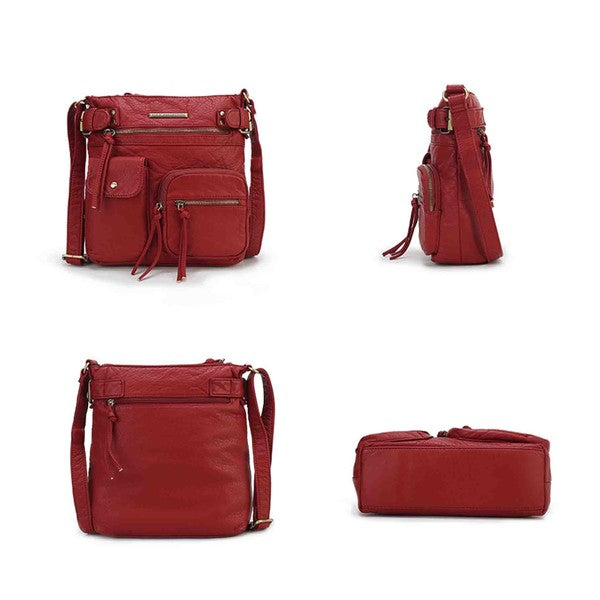 Burgundy crossbody bag shown with front, side, back, and bottom views