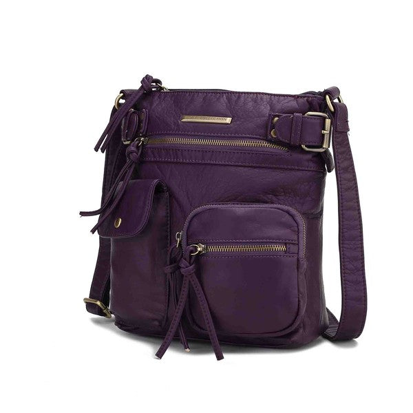 Purple crossbody bag with front zip pouch, flap pocket, and adjustable shoulder strap