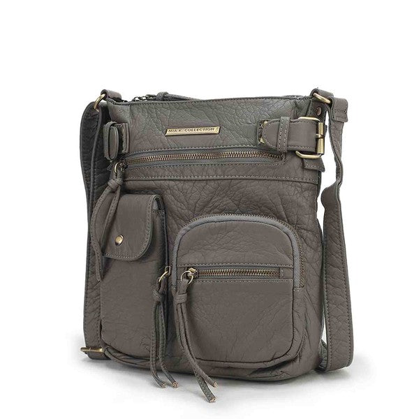 Taupe crossbody bag with front flap pocket, zip compartment, and adjustable strap