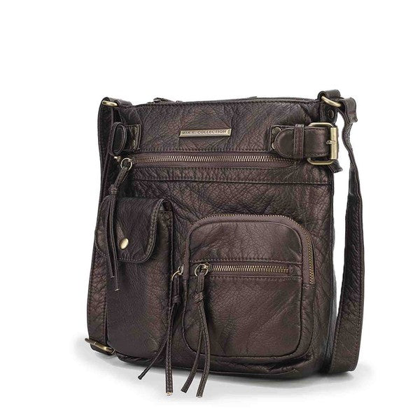 Dark brown crossbody bag with front zip pocket, flap detail, and adjustable strap