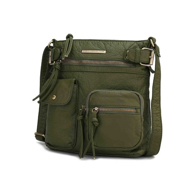 Olive green crossbody bag with front zip pocket and adjustable shoulder strap