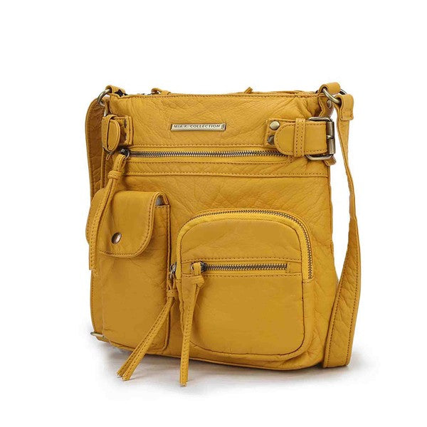 Mustard yellow leather-look crossbody bag with front pocket and gold-tone buckle