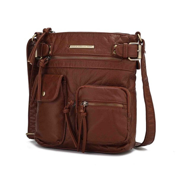 Chocolate brown crossbody bag with multiple front pockets and adjustable strap
