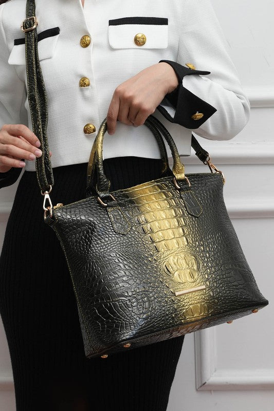Liora tote black and gold crocodile-embossed, double handles with gold hardware