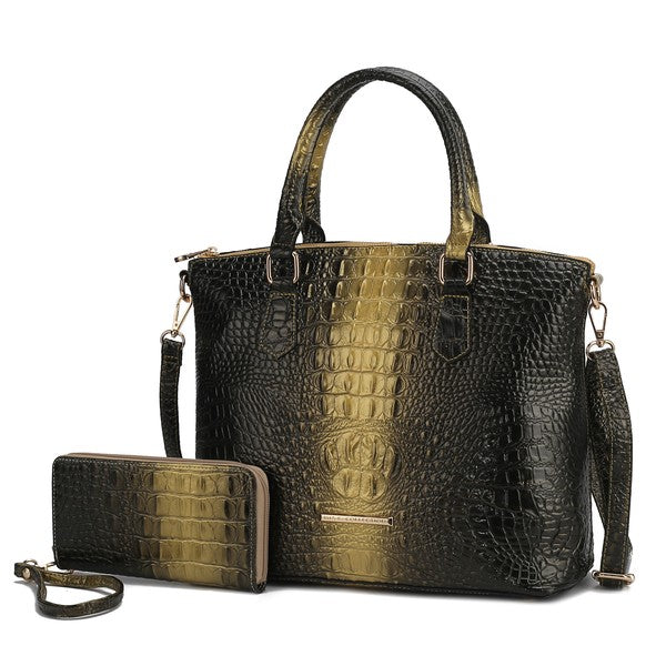 Liora tote black/gold crocodile-embossed, includes matching pouch and crossbody strap
