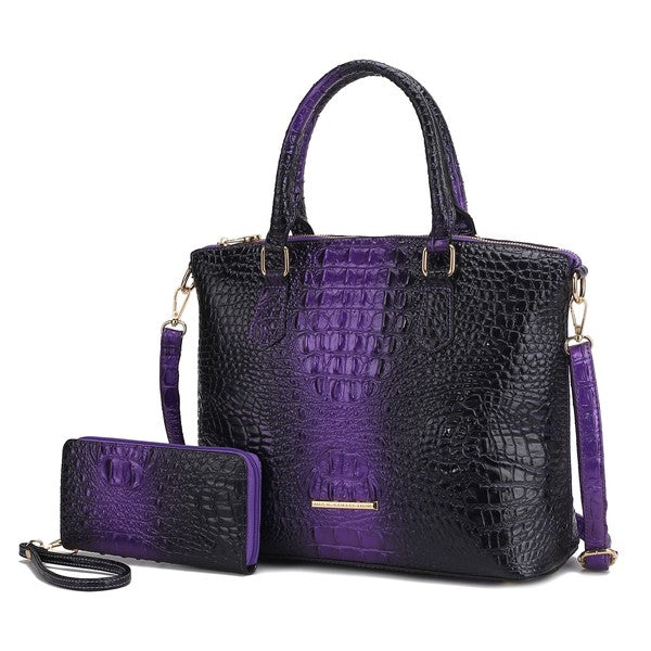 Liora tote purple/black crocodile-embossed, includes matching pouch