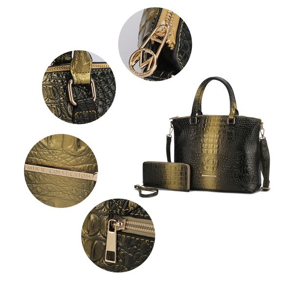 Liora tote black/gold crocodile-embossed, close-up of hardware and logo tag