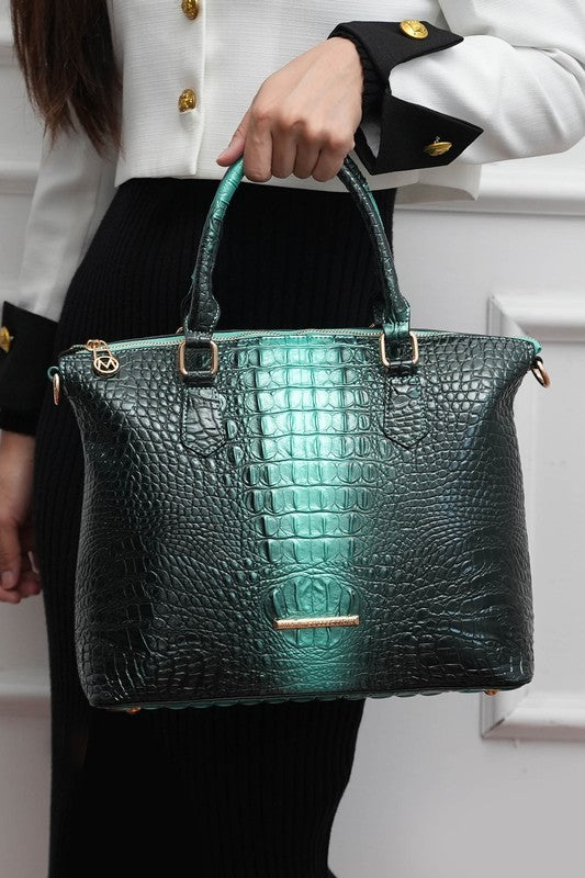 Liora tote teal green crocodile-embossed, double top handles with gold hardware