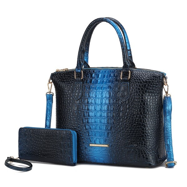 Liora tote blue/black crocodile-embossed, includes matching pouch and strap