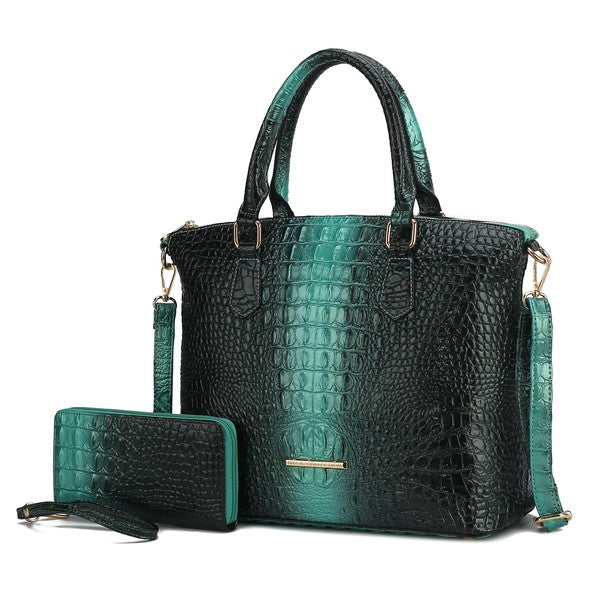 Liora tote dark green with teal pouch, crocodile-embossed texture