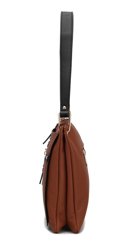 Aliyah shoulder bag in cognac-brown with long shoulder strap and zipper pull tassel