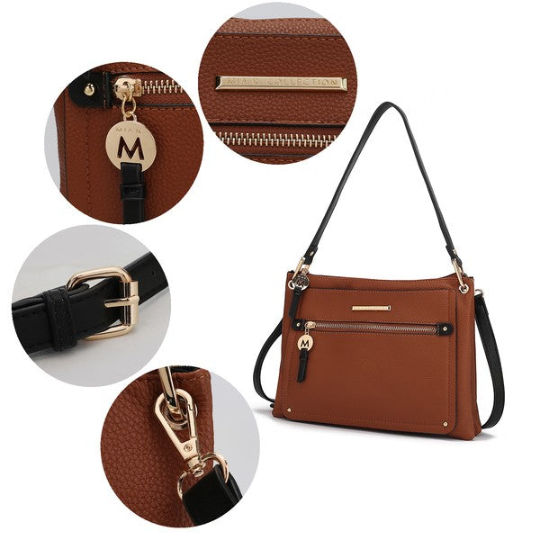 Aliyah shoulder bag details in cognac-brown: front zipper, logo charm, gold hardware
