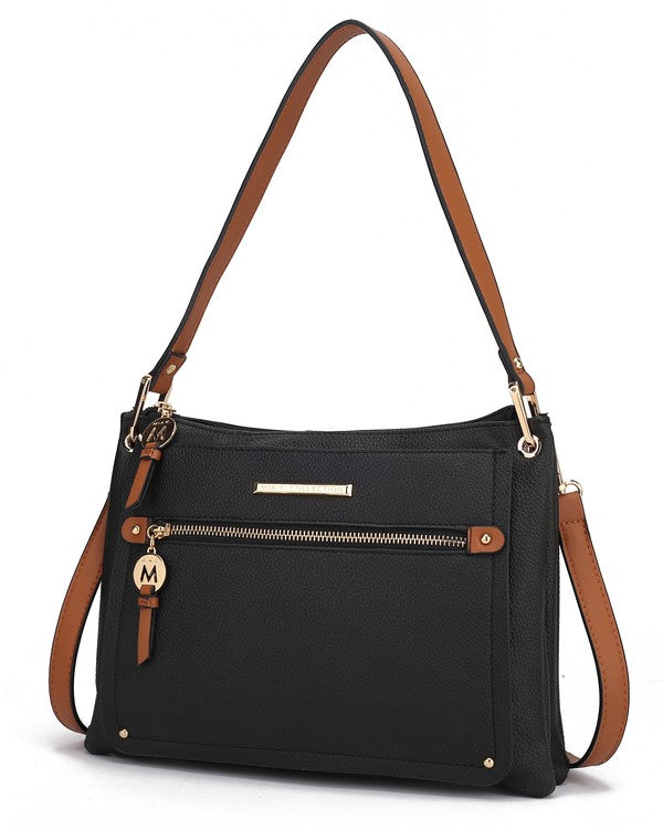Aliyah shoulder bag in Black with tan crossbody straps and front zip pocket
