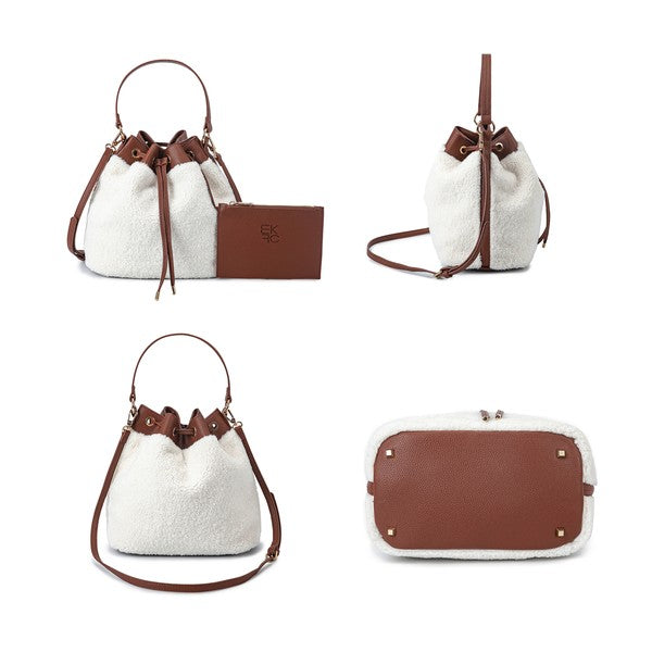 Brown sherpa bucket bag, front and back view with metal feet