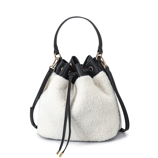 Black sherpa bucket bag with leather drawstring and gold-tone hardware