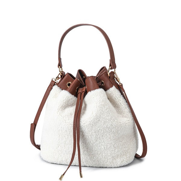 Brown sherpa bucket bag with curved handles and drawstring closure