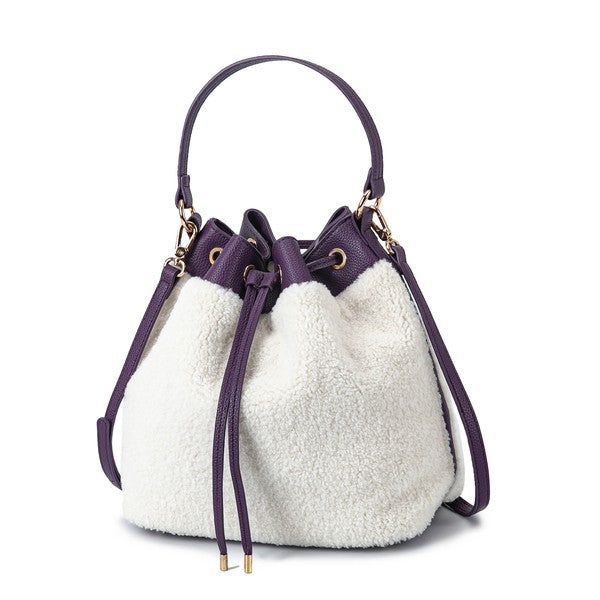 Purple sherpa bucket bag with top handles and drawstring closure