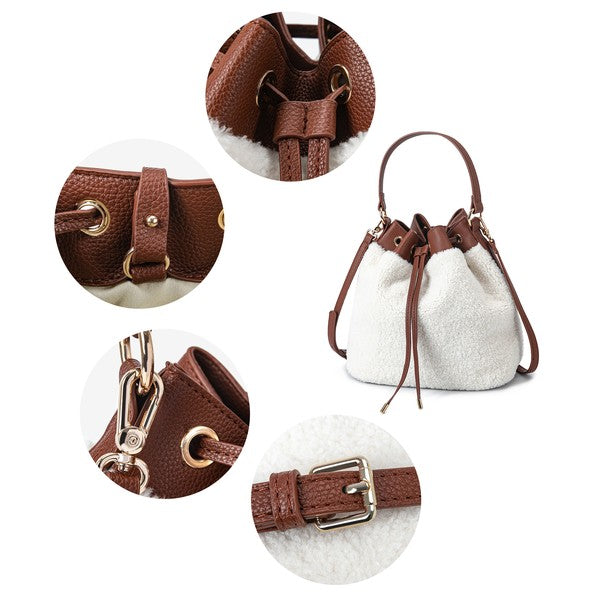 Brown sherpa bucket bag detail close-ups of drawstring cords and hardware