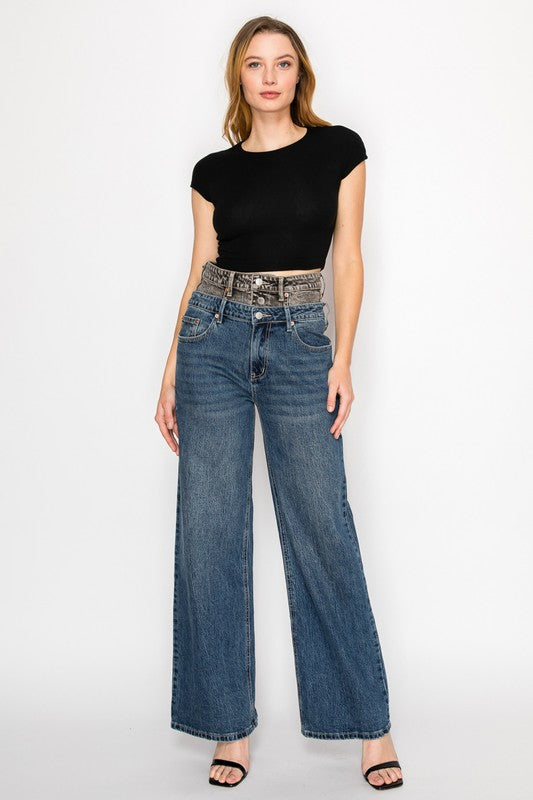DOUBLE SNAP WAISTBAND ULTRA HIGH RISE WIDE JEANS - Tigbul's Variety Fashion Shop