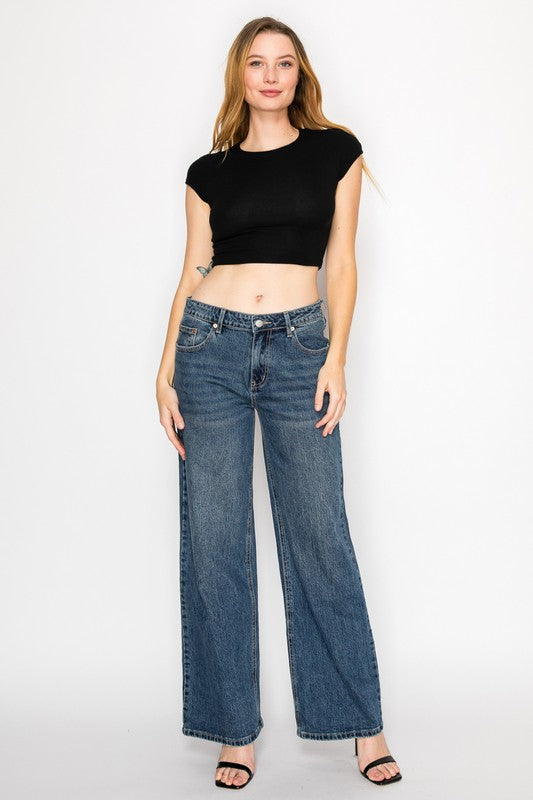 DOUBLE SNAP WAISTBAND ULTRA HIGH RISE WIDE JEANS - Tigbul's Variety Fashion Shop
