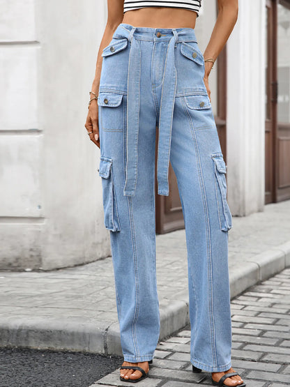 High-Waisted Multi-Pocket Cargo Jeans - Tigbul's Variety Fashion Shop