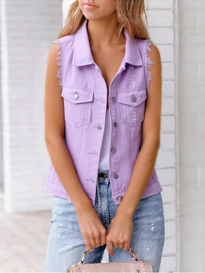 Full Size Sleeveless Frayed Denim Vest Jacket Plus Size - Tigbul's Variety Fashion Shop