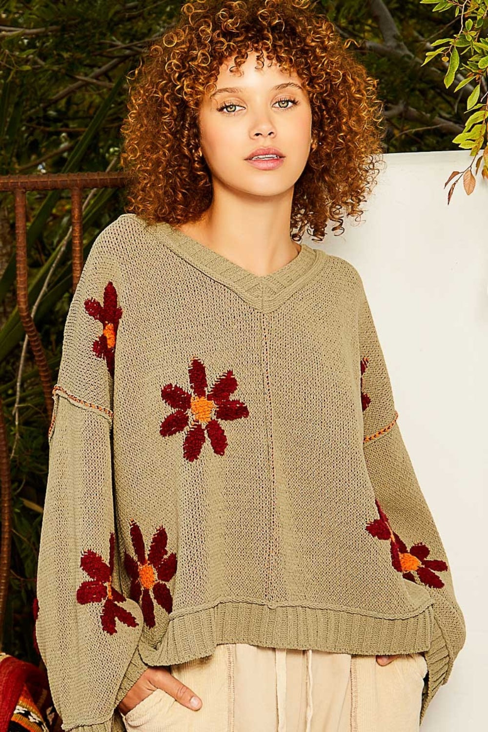 Olive V-Neck Floral Pattern Chenille Sweater - Tigbul's Variety Fashion Shop