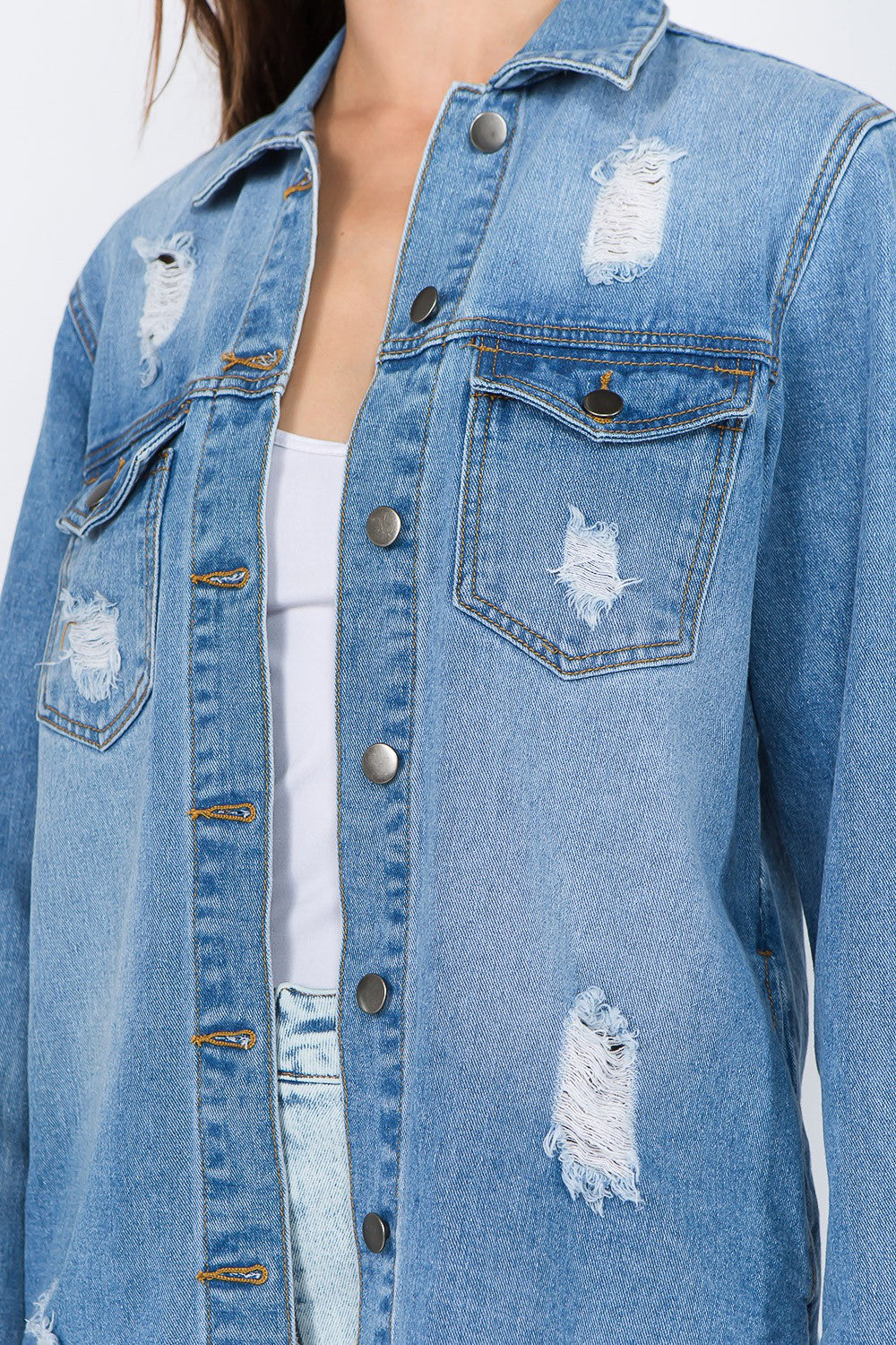 Blue Distressed Frayed Hem Denim Jacket - Tigbul's Variety Fashion Shop