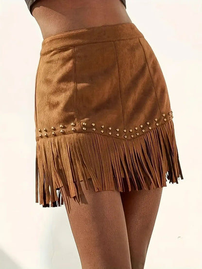 Studded Fringe Mini Skirt - Tigbul's Variety Fashion Shop