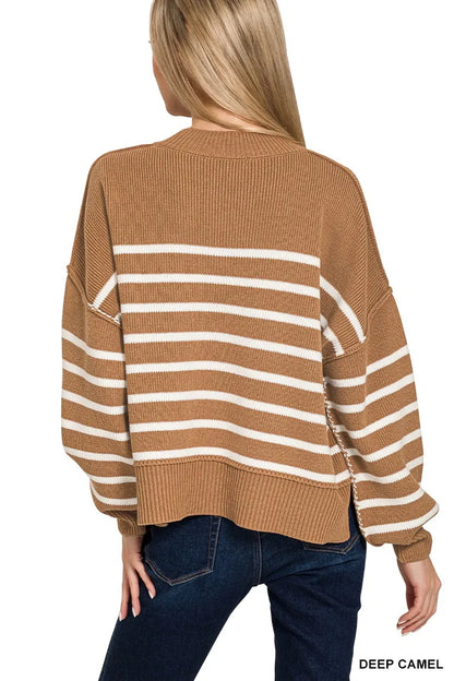 Zenana Exposed Seam Striped Oversized Sweater - Tigbul's Variety Fashion Shop