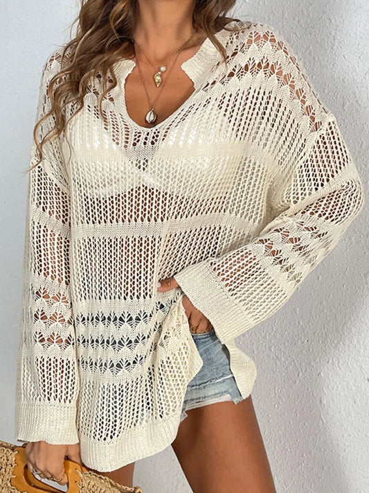 Openwork Notched Long Sleeve Knit Cover Up - Tigbul's Variety Fashion Shop