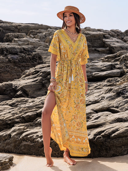 Drawstring Printed Plunge Half Sleeve Dress - Tigbul's Variety Fashion Shop