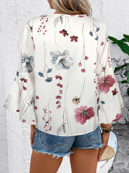 Ruffled Printed V-Neck Half Sleeve Blouse - Tigbul's Variety Fashion Shop