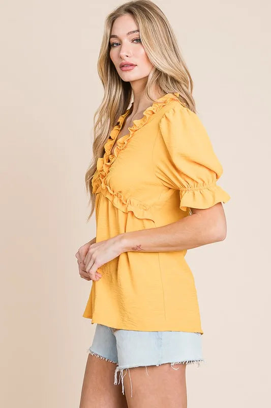 Solid Ruffled Deep V-Neck Puff Sleeve Babydoll Top - Tigbul's Variety Fashion Shop