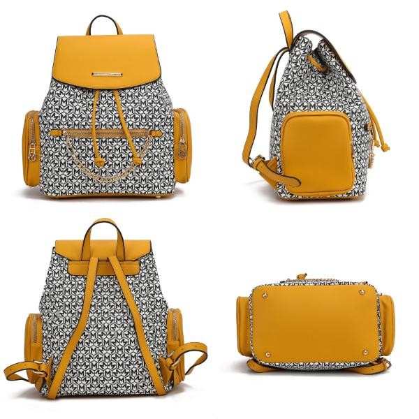 Cognac-and-black patterned backpack with adjustable straps and side pockets