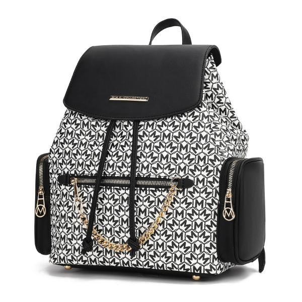 Black Issah backpack with patterned body, top flap, front drawstring straps, side zip pockets