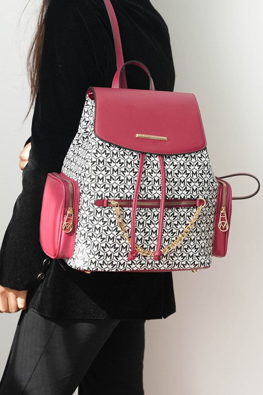 Pink Issah backpack with signature pattern, top flap, drawcord front detail, side pockets