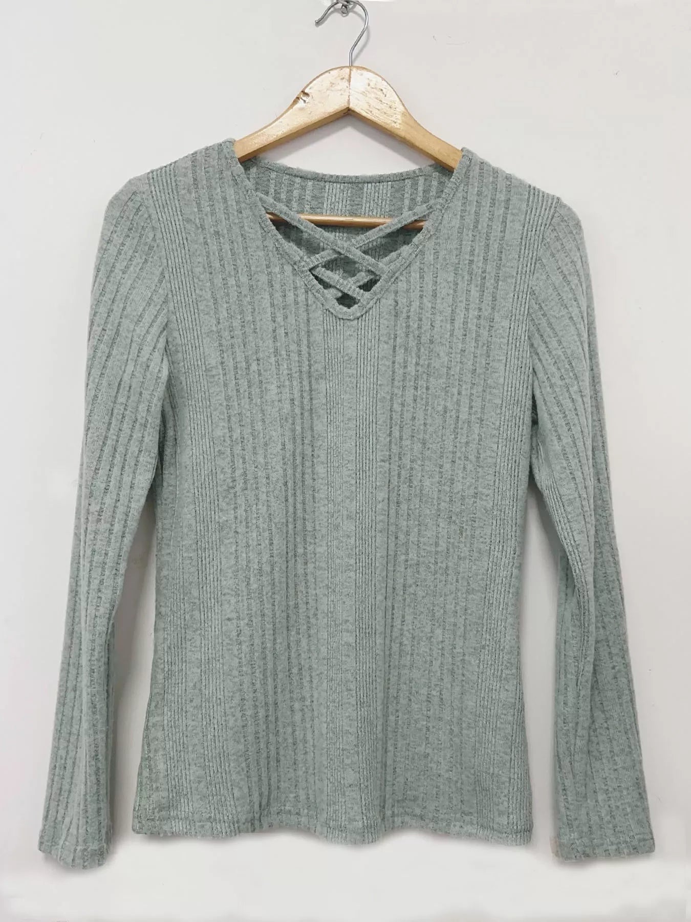 Crisscross V-Neck Ribbed Knit Long Sleeve T-Shirt - Tigbul's Variety Fashion Shop